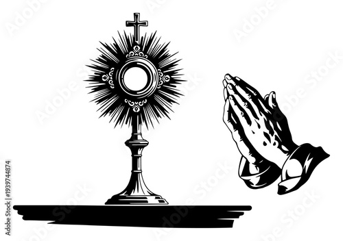 Vintage religious illustration of praying hands and a Catholic monstrance with sunburst