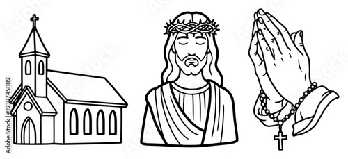 Set of Christian line art illustrations featuring a church Jesus Christ and praying hands with rosary
