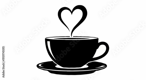 A black and white illustration of a teacup with a heart shaped steam