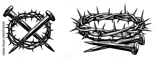 Vintage black and white engraving of the crown of thorns and crucifixion nails