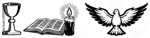 Religious symbols featuring chalice open bible with candle and holy dove in woodcut style
