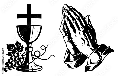 Human hands in prayer and communion chalice with grapes in bold woodcut engraving style