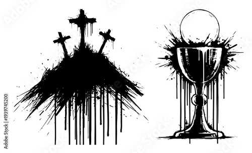 Grunge splatter illustration of three crosses on Calvary hill and a Holy Communion chalice