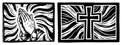 Linocut print style illustration of praying hands and a Christian cross with radiating wavy lines