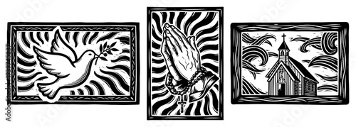 Set of three religious Christian woodcut illustrations featuring dove praying hands and church