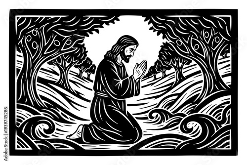 Black and white linocut illustration of Jesus Christ praying in the Garden of Gethsemane