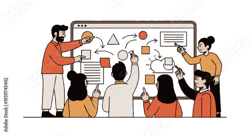 Team collaboration on web design project with diverse group brainstorming and wireframing on large digital display