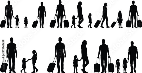 Family travelers silhouettes collection with parents and children carrying rolling suitcases, airport journey and vacation travel concept isolated on light background