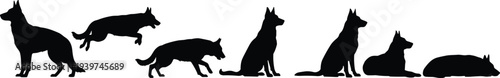 German shepherd dog silhouettes set showing standing, running, jumping, sitting and lying poses, canine movement collection isolated on light background vector illustration