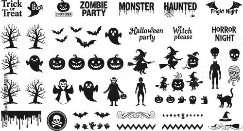 Halloween silhouettes collection with pumpkins, ghosts, witches, bats and spooky typography, trick or treat and horror night elements isolated vector set