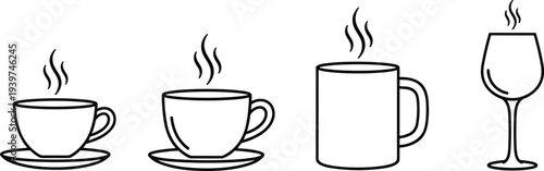 Hot beverage cup and mug outline icons with steam including coffee cup, tea cup and glass, minimal drink container set isolated vector