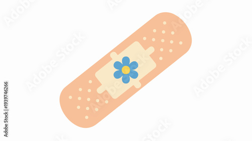 This playful illustration showcases a cute band-aid featuring a flower design, perfect for topics related to health, wellness, and first aid for children and adults alike.