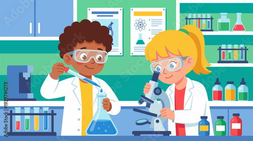 This vibrant image illustrates two children wearing lab coats and goggles, engaged in science experiments, sparking curiosity and excitement for learning in a colorful laboratory setting.