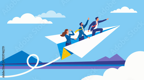 This dynamic image captures a business team confidently riding on a paper airplane, symbolizing innovative thinking, teamwork, and the potential for reaching new heights in their goals.