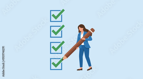 A professional businesswoman using a large pencil to check off completed tasks on a checklist, emphasizing productivity, organization, and success in the workplace environment.