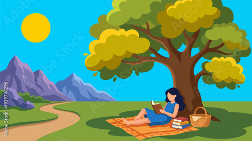 This image illustrates a serene outdoor scene with a woman reading under a large tree, embodying tranquility and the joy of leisure time spent in nature.