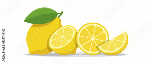 This vibrant illustration presents whole and sliced lemons arranged beautifully, evoking freshness and zest, ideal for food-related themes or refreshing beverages.