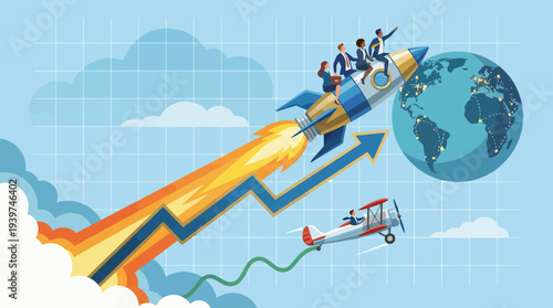This powerful illustration shows a rocket ascending into space with individuals aboard, symbolizing ambition and growth in business, coupled with a dynamic global backdrop.