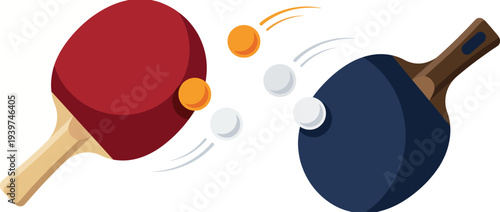 This lively illustration captures two paddles in action during a table tennis game, highlighting the sport's exciting dynamics and competitive spirit with vibrant colors and motion.