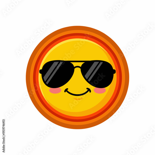This playful illustration features a cheerful sun character wearing sunglasses, radiating joy and positivity, perfect for conveying summer vibes, fun, and lightheartedness.
