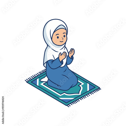 This touching illustration shows a young Muslim girl praying on a beautifully designed prayer mat, representing devotion, spirituality, and the importance of faith in daily life.