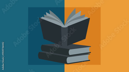 An artistic representation of an open book nestled between two closed books, emphasizing knowledge, learning, and the transition of ideas in an abstract yet striking composition.