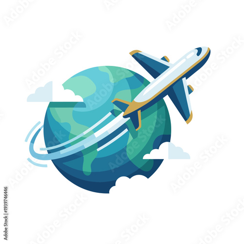 This captivating image depicts an airplane soaring over a vibrant globe, representing adventure, travel, and exploration in a colorful and dynamic composition.