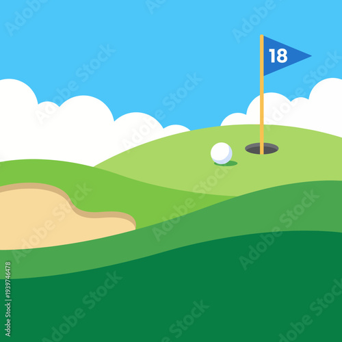 A serene illustration portrays a picturesque golf scene featuring rolling hills and a flag, inviting relaxation and leisure in a beautiful outdoor setting.