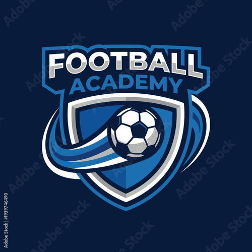 A vibrant logo for a Football Academy, featuring a bold shield design, a soccer ball, and energetic colors to appeal to young athletes seeking training and mentorship.