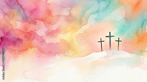 Semana santa religious cross procession on colorful watercolor background with soft light and spiritual mood