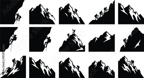 Mountain climbing and rock climbing silhouettes collection showing hikers and climbers reaching summit peaks, adventure outdoor sport concept isolated vector illustration set