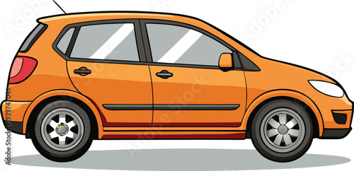Modern orange hatchback car vector illustration and minimalist vehicle line art set isolated on white.
