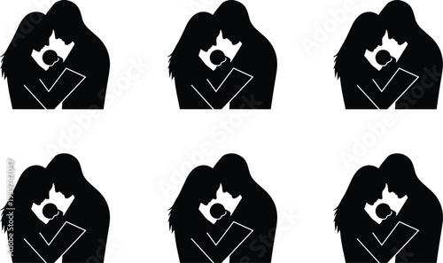 Parents holding newborn baby silhouettes collection showing mother and father with infant, family love and parenting concept isolated vector illustration set