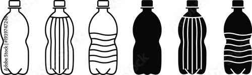 Plastic bottle silhouettes collection with different shapes and patterns for water or soda packaging, beverage container icons isolated on light background vector