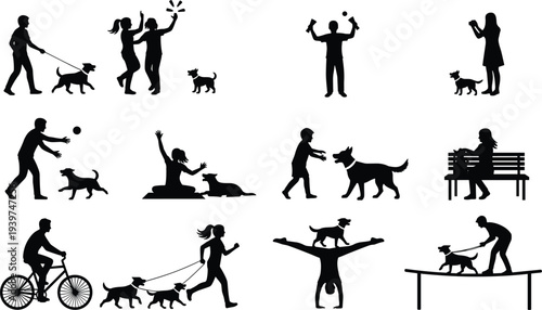People and dogs interaction silhouettes collection showing walking, playing, training and exercising with pets, outdoor lifestyle activities with domestic animals isolated vector set