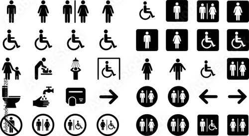 Vector set of diverse restroom signs featuring male female accessible and toilet icons for public facilities and wayfinding systems
