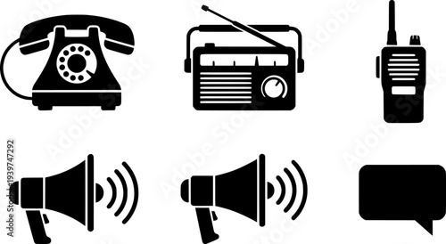 Vector illustration of communication devices including a phone radio and walkie talkie in black and white
