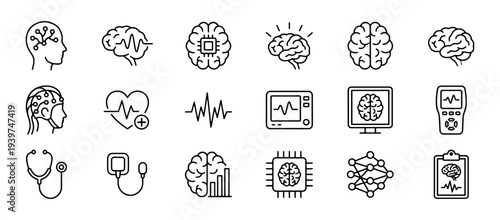 Brain And Medical Technology Icons Set: Neuroscience, Health, AI, Psychology, Cardiology