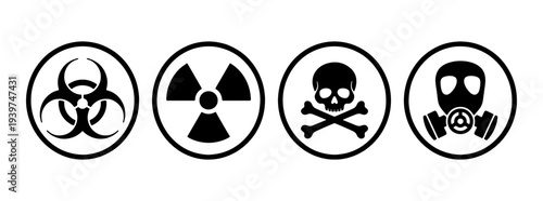 Danger And Hazard Warning Symbols: Biohazard, Radioactive, Skull, Gas Mask