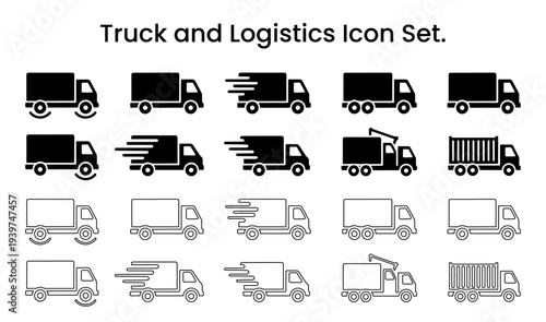Truck and Logistics Icons: Delivery Trucks, Shipping Containers, Cargo Transport