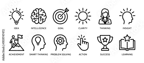Collection of simple icons illustrating key business and personal development concepts like idea, intelligence, goal, and success