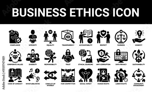 Icon collection for business ethics, covering compliance, integrity, equality, transparency, accountability, and respect in the workplace