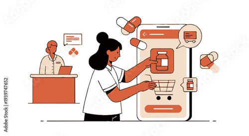 Woman pharmacist interacting with giant digital tablet surrounded by pills and medical symbols in pharmacy setting with male colleague