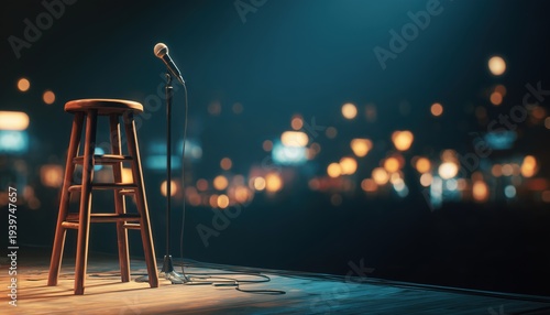 Equipment For Stand-Up Comedy Performance: Solo Microphone And Stool On Stage At Night Club Or Bar, Creating A Dynamic Presentation.