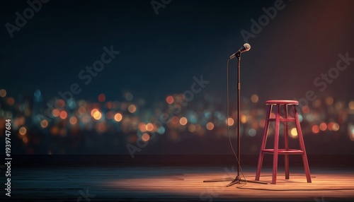Stand Up Comedy Stage Set With Single Microphone And Stool On Stand. Essential Equipment For Comedian Performance In Nightclubs. Dynamic Graphic Layout.