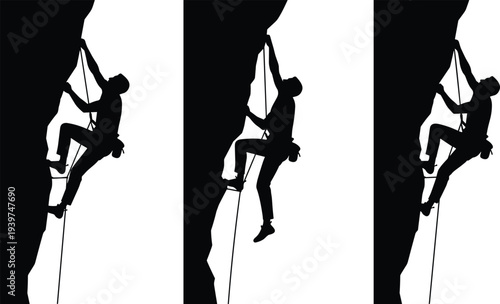Rock climber silhouettes ascending steep cliff with rope equipment, extreme sport adventure icons isolated for mountaineering, outdoor activity and climbing challenge illustration