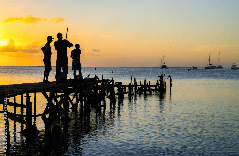 Fototapeta premium Fishermen on the coast of Mauritius Island, Tamarind Beach, Africa 