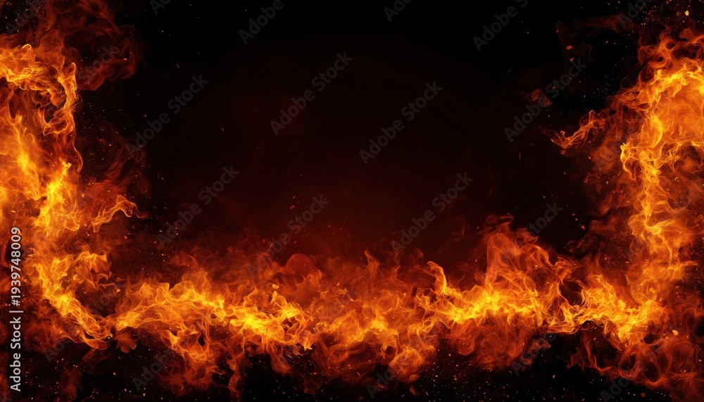 Obraz premium Fiery Border: Realistic Burning Flame Overlay With Hot Orange Red Light On A Dark Background, Glowing Fire Edges And Intense Flames