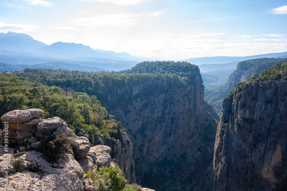 Fototapeta premium Panorama landscape of Tazı Kanyonu (aka Eagles Canyon, Tazi Canyon) and Bilgelik Vadisi (aka Wisdom Valley). Located in Köprülü Canyon National Park, Antalya, Turkey.Tazı Canyon is wonder of nature, l