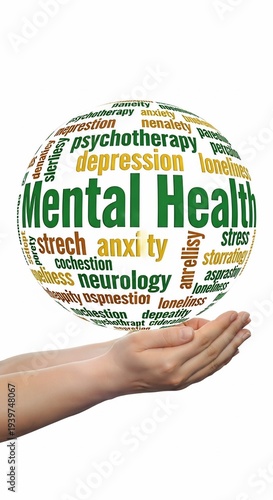 Conceptual image of a person's hands holding a 3D word cloud sphere focused on 'Mental Health' and related terms like 'depression', 'anxiety', and 'psychotherapy' on a clean white background